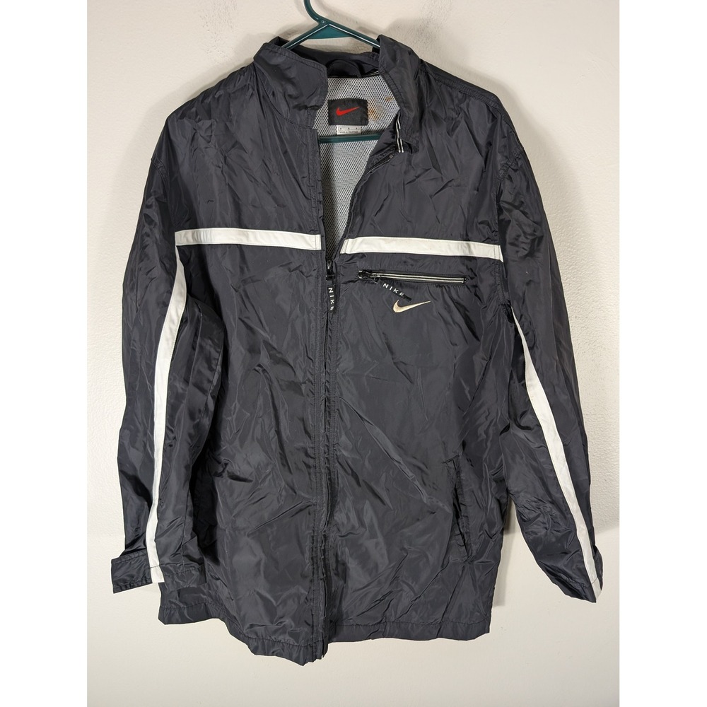 Nike VTG Windbreaker Jacket Mens Black White Stripe Full Zip Mesh Lined LOOK